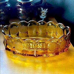 vintage Fostoria Amber frosted Coin Glass Bowl large oval 9” long immaculate